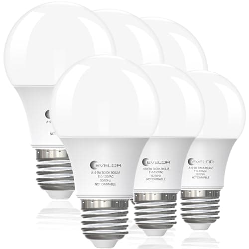 evelor 6-Pack A19 LED Light Bulbs,60 Watt Equivalent Daylight 5000K with E26 Base,Efficient 9W,800 Lumens Non-Dimmable LED Bulbs,15000 Hours, Ideal for Bedroom Living Room