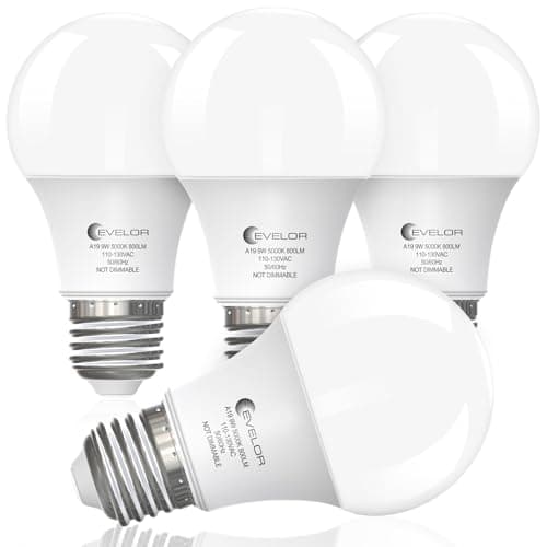 evelor A19 LED Light Bulbs,60 Watt Equivalent Daylight 5000K with E26 Base,Efficient 9W,800 Lumens Non-Dimmable LED Bulbs,15000 Hours, Ideal for Bedroom Living Room, 4-Packs