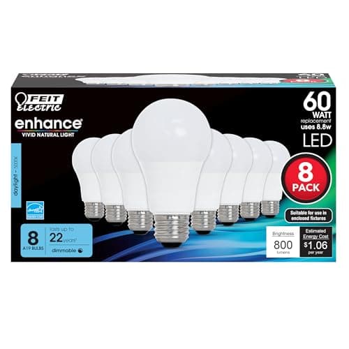 Feit Electric A19 LED Light Bulbs, 60W Equivalent, Dimmable, E26 Standard Base, 90 CRI, 800 Lumens, 5000K Daylight, 120V, 22 Years Lifetime, Damp Rated, 8 Pack, OM60DM/950CA/8