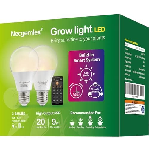 Necgemlex Smart LED Grow Light Bulbs with Remote Controller, Sun Mode, Built-in Daily Auto Timer, 4500K, A21/A70 E26/E27 9W Dimmable Full Spectrum Grow Bulbs for Indoor Plants, 2 Pack