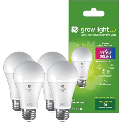GE Grow Lights for Indoor Plants, A19 LED Light Bulbs for Seeds and Greens with Balanced Light Spectrum, White Indoor Plant Light, 25,000 Hours Lifespan, 16 PPF, 4 Pack (Packaging May Vary)