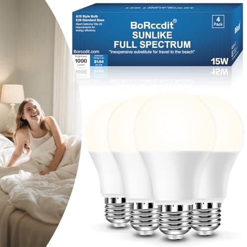 BoRccidt SunLike Full Spectrum Light Bulb LED 15W=100W, 5000K Daylight Flicker-Free & UV-Free, 90+CRI & 30000H Lifespan, 3-Pack A19 E26/E27 Natural Sunlight Light Bulbs for Humans, Home, Office, Plant
