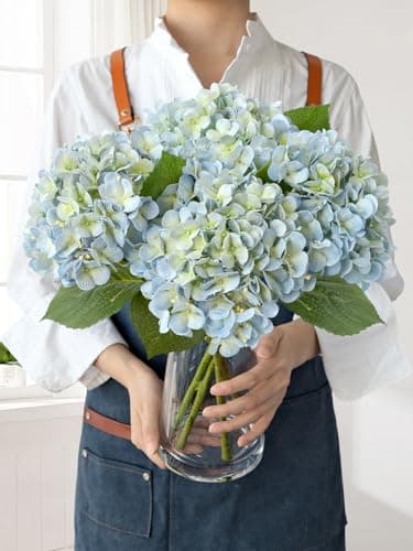 JINWOE Light Blue Hydrangea Artificial Flowers,4Pcs 20" Real Touch Lifelike Silk Artificial Hydrangeas, Full Fake Flowers for Bouquet Table Centerpieces Spring Wedding Indoor Home