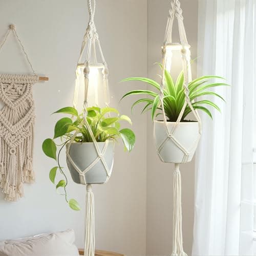 MSFON Macrame Plant Hanger with Grow Light: 2 Pack Sturdy Hanging Planters for Indoor Plants, Cute Plant Holder with Plant Light, Perfect for Different Size Pots (Daylight Spectrum)
