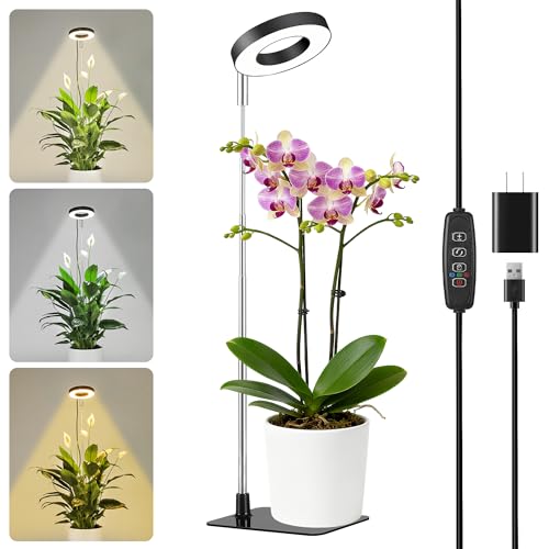 Small Halo Grow Light with Base, 48 LED Full Spectrum Indoor Plant Grow Light, Height Adjustable, 3 Spectral Modes, 10 Brightness Levels, Automatic Timer 3/9/12 Hours, Black
