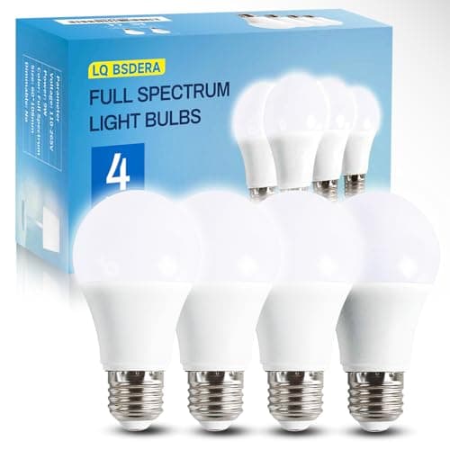 LQ BSDERA 4PK Full Spectrum Light Bulbs, 9W, 6000K Natural Light That Mimic Sunlight, Boosts Mood, Energy, Focus, A19, Sunlike Happy Light Bulbs with E26/27 Base for Most Lamps
