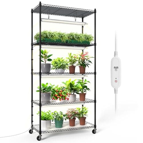 Bstrip Plant Shelf with Grow Light, 5-Tier Plant Stand with T8 24W Grow Light for Indoor Plants with Wheel, Grow Light Shelf with Timer for Indoor Plant, Seedling, Seed Starting, 29.5x13.8x59IN