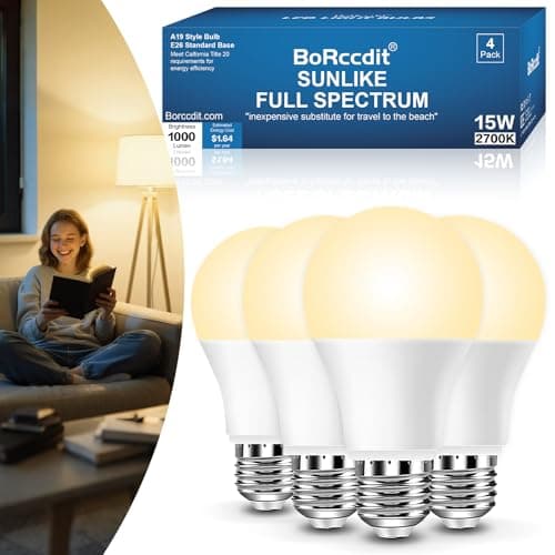BoRccidt SunLike Full Spectrum Light Bulb 2700K Warm LED 15W=100W, Flicker-Free & UV-Free, 90+CRI & 30000H Lifespan, 4-Pack A19 E26/E27 Soft White Sunlight Light Bulbs for Humans, Home, Office, Plant
