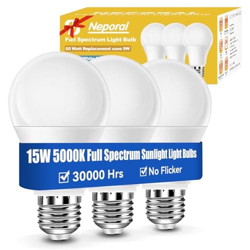 Full Spectrum Light Bulb, 6000K Natural Sunlight Bulbs, 9W 60W Equivalent LED Light Bulb, Natural Light Bulbs A19, E26/E27, 4 Pack
