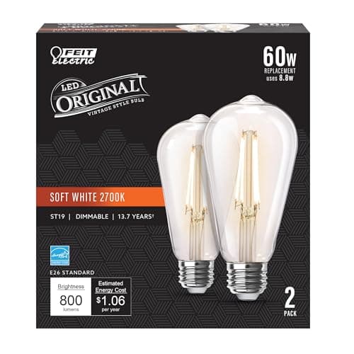 Feit Electric ST19 Vintage Edison LED Light Bulb, 60W Equivalent, Dimmable, 2700K Soft White, 800 Lumens, E26 Base, Retro Filament Light Bulbs, 15,000-Hour Lifetime, ST1960/CL/927CA/2, 2 Pack