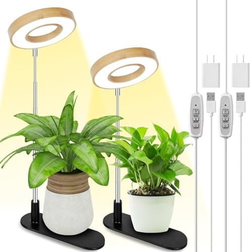 LORDEM Bamboo Base Desktop Grow Light, LED Plant Lamp with Full Spectrum, 4 Adjustable Brightness Levels, 4H/8H/12H Auto Timer for Indoor Plants Growing, Height Adjustable 7.8"-26", 2 Pack