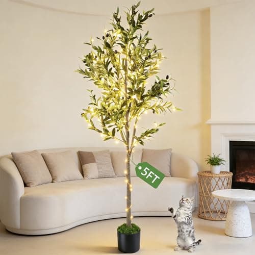 SGUVK Artificial Olive Trees, 5FT Tall Faux Olive Tree with Lights Moss and Planter, Artificial Plants Indoor with Natural Wood Trunk and Lifelike Fruits Fake Plant for Home Office Living Room Decor