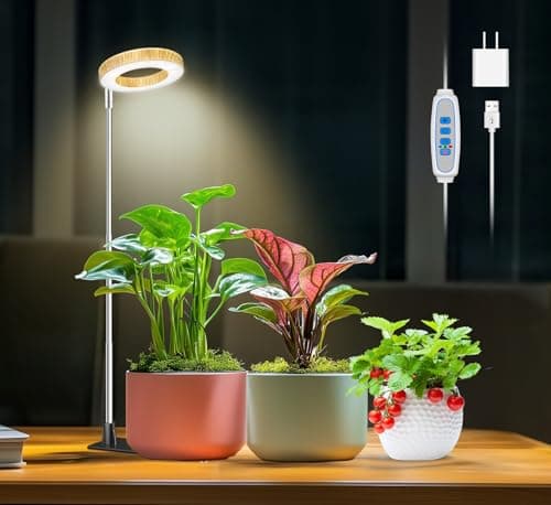 Aokrean Grow Lights for Indoor Plants, 48 LEDs Full Spectrum Plant Grow Light, Height Adjustable Faux Wood Grain Halo Plant Light with Base, 3 Optional Spectrums, Auto Timer 6/12/16Hrs, 5 Brightness