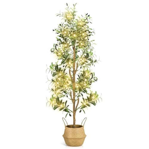 TNELTUEB Faux Olive Tree 6FT - Indoor Tall Artificial Olive Trees with Planter & Basket and Lights, Artificial Plants with Natural Wood Trunk and Realistic Fruits for Home Living Room Office Decor