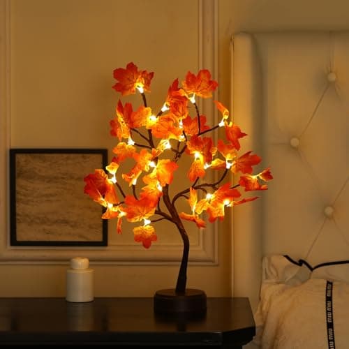 Artificial Fall Lighted Maple Tree 24 LED Thanksgiving Decorations Battery/USB Operated Prelit Small Tree for Halloween Wedding Party Indoor Autumn Harvest Home Fall Decor