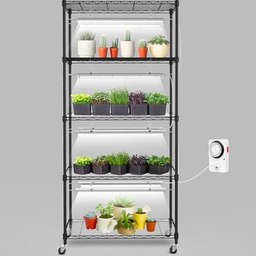 SOLIGT Plant Shelf with Grow Lights, 5 Tier Grow Light Stand Rack with 8 Pack 2FT 6000K T8 Full Spectrum Led Grow Lights for Indoor Plants, Seed Starting, Seedling Growing, Timer Included