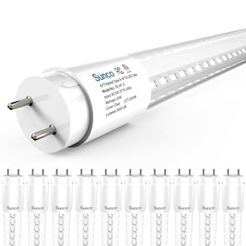 Sunco 10 Pack T8 LED Bulbs 4 Foot, 48 Inch Tube Light Bulbs Fluorescent Replacement, Single or Double Ended Hybrid Type A+B, 2400 LM, 20W, 5000K Daylight, Clear Lens ETL