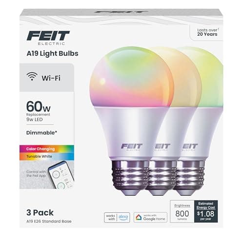 Feit Electric Smart Light Bulbs with RGBW Color Changing and Tunable White, 60W Replacement, Dimmable, Wi-fi Enabled, No Hub Needed, Works with Alexa and Google, OM60/RGBW/CA/AG/3, 3 Pack