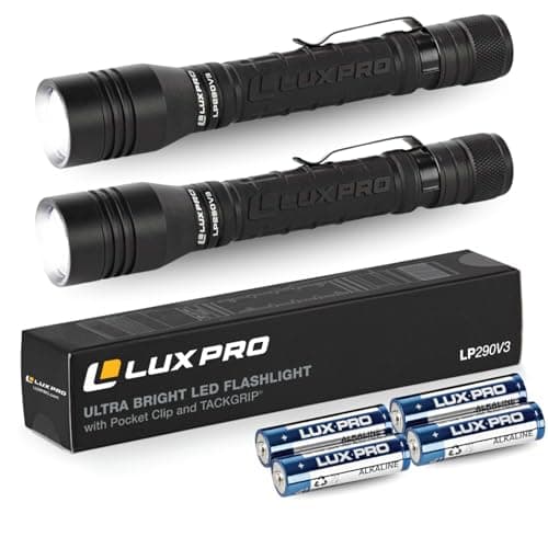 LUXPRO LP290V3 LED Flashlight - Bright 300 Lumens with 3 Light Modes - Aircraft-Grade Aluminum with IPX4 Waterproof Protection & Patented TackGrip - Camping, Outdoor, Home - Batteries Included 2 Pack