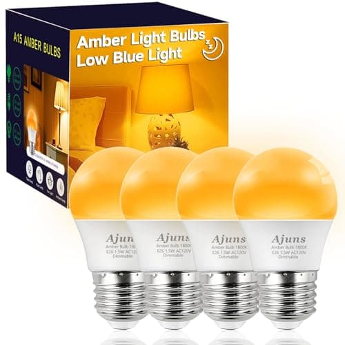 Ajuns Amber Sleep Light Bulb Dimmable, Blue Light Blocking, A15 E26 1.5W 15 Watt Equivalent Dim Light Bulb, 1800K Warm Bulb for Healthy Sleep, Bedroom, Children's Room,4pack
