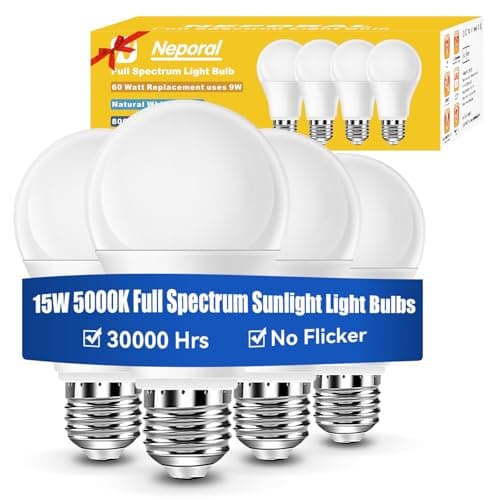 Upgraded 15W Full Spectrum Light Bulb for Home, 5000K UV-Free Natural Sunlight Bulbs, 15W 100W Equivalent LED Light Bulb, CRI 90+, No Flicker,1200Lumen Sunlight Lamp for Office&Indoor Use, 4PK