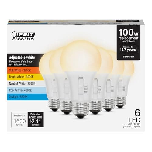 Feit Electric A21 LED Light Bulb, 100W Replacement, Dimmable, Selectable Color Temperatures (2700K-5000K), 1600 Lumens, General Purpose Light Bulbs, 15,000-Hour Lifetime, OM100DM/5CCTCA/LED/6, 6 Pack