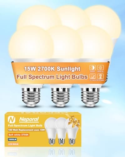 Neporal Full Spectrum Light Bulb 15W LED=100W, 2700K Flicker-Free Warm Light Bulbs, UV-Free & High CRI & Eye-Caring Sunlight Light Bulbs for Human, Home, Office, Plant, E26/E27, 30000H Lifespan, 6PK