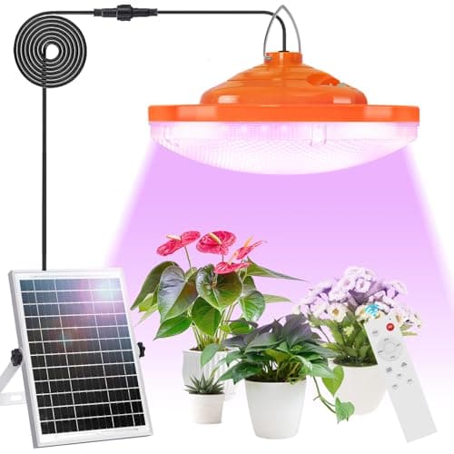Ufelizor Solar Plant Grow Light Outdoor Indoor Run Day/Night, 96 LED Full Spectrum Solar Hanging Plant Light with Remote Control,16.4FT Cable/USB Charging/Timer for All Stage Plants