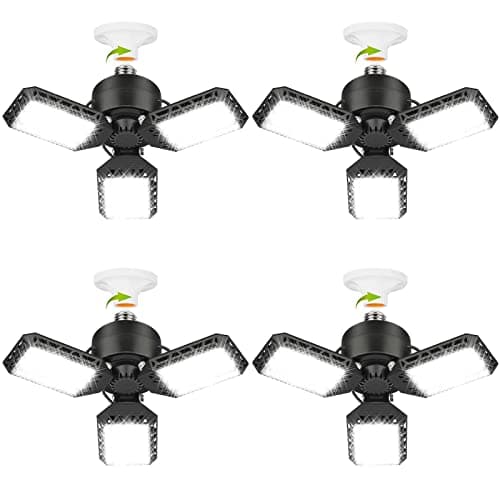 4 Pack Led Garage Lights, 60W Deformable Garage Ceiling Light 8000 lm E26 Basement Lights with 3 Adjustable Led Panels, Fits for Warehouse, Workshop, Barn, and Yard