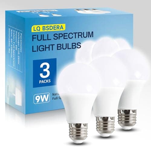 LQ BSDERA 3PK Full Spectrum Light Bulbs, 9W, 6000K Natural Light That Mimic Sunlight, Boosts Mood, Energy, Focus, A19, Sunlike Happy Light Bulbs with E26/27 Base for Most Lamps