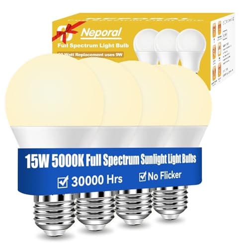 Neporal 15W Full Spectrum Light Bulb, 2700K Warm UV-Free Natural Sunlight Bulbs, 15W 100W Equivalent LED Light Bulb, CRI 90+, No Flicker, 1200Lumen Daylight Sun Light for Humans，Home & Office,4PK