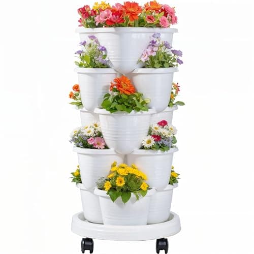 VECELO 5 Tier Vertical Garden Planter, Self Watering Stackable Planters with Wheels for Strawberries, Herbs, Flowers, Vegetables, White