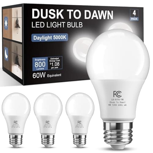 TJOY Dusk to Dawn Light Bulbs Outdoor, Light Sensor A19 LED Light Bulb, Automatic on/Off Photocell Bulb for Outdoor Porch Lighting, 60W Equivalent, Energy Efficient 9W, Daylight 5000K,E26 Base, 4 Pack