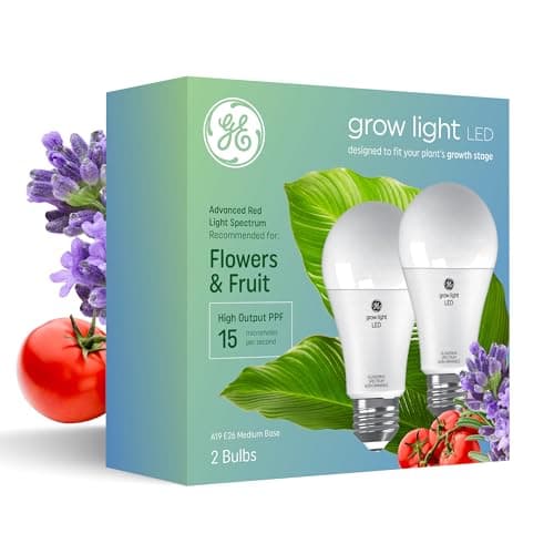 GE Grow Lights for Indoor Plants, A19 LED Light Bulbs for Flowers and Fruit with Advanced Red Light Spectrum, White Indoor Plant Light, 25,000 Hours Lifespan, 15 PPF, 2 Pack (Packaging May Vary)