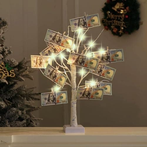 Nakolulu Money Tree Gift Card Holder 24 LED Birch Tree Lamp Battery/USB Powered Light Up White Trees Gift Card Holder with 22 Clear Clips for Photo Birthday Fall Thanksgiving Halloween Christmas