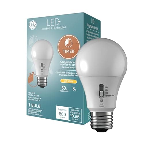 GE LED+ Timer A19 LED Light Bulbs, Built-in Automatic Indoor Timer Light, 8W, Soft White (1 Pack)