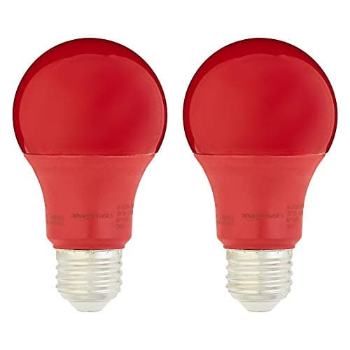 Amazon Basics A19 Red Color Party LED Light Bulbs, 60W Equivalent, 9W Energy Efficient, E26 Standard Base, Non-Dimmable, 10,000 Hour Lifetime, 2-Pack