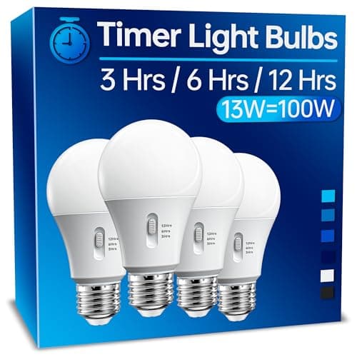 KINDEEP Timer Light Bulb Indoor: Light Bulb with Timer Built in 13W Equivalent 100W, A19 LED Light Bulbs Daylight 5000K, Automatic On/Off, Light Bulbs for Lamps Indoor, Porch Garage Security, 4Pack