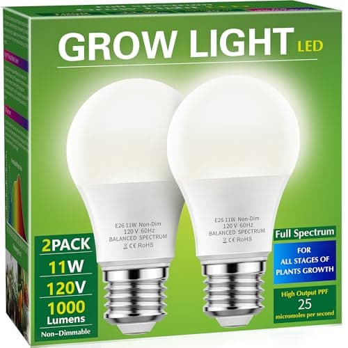 Briignite Grow Light Bulbs, Full Spectrum Grow Light Bulb, LED Grow Light Bulb A19 Bulb, Plant Light Bulbs E26 Base, 11W Grow Bulb 100W Equivalent, Grow Light for Indoor Plants, Seed Starting, 2 Pack