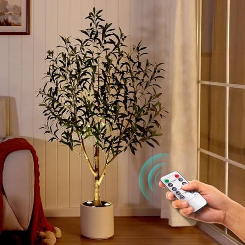 Verinatural Olive Trees Artificial Indoor 5FT - Realistic Fake Plants with Remote LED Spotlights, White Planter - Faux Olive Tree for Home Living Room Office Floor Bedroom Decor,VN214