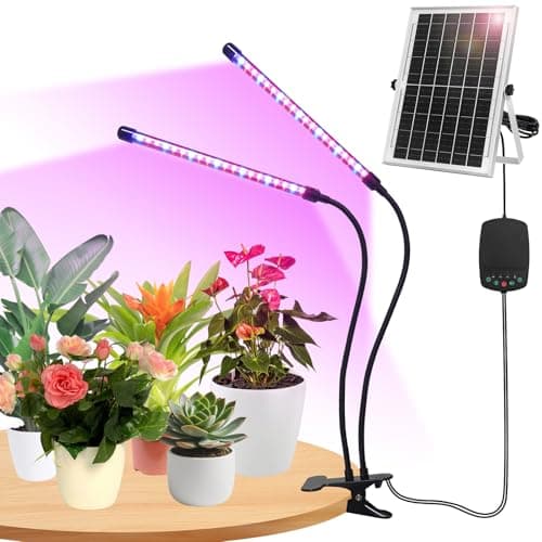 ladate Solar Grow Lights with Batteries, 2 Heads Clip Plant Growing Lamp with Red Blue Spectrum for Indoor Plants, 3/9/12H Timer, 3 Dimmable Level, Adjustable Gooseneck,3 Switch Modes, Auto On Off