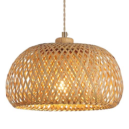 Hchunqjor Bamboo Pendant Light Fixture One-Light Adjustable Boho Basket Handmade Woven Pendant Lighting for Kitchen Island Sink Farmhouse Dining Room