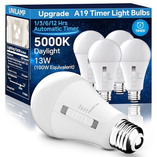 UNILAMP Timer LED Light Bulbs (4-Pack), 2 Mode: Auto On/Off (1H/3H/6H/12H) or General E26 A19 Light Bulbs, 13W=100W Daylight 5000K, A19 Security Lighting for Porch, Garage