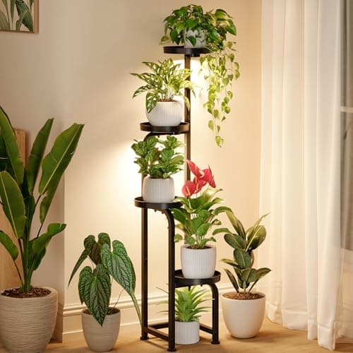 Bamworld Plant Stand with Grow Light, Corner Metal Flower Pot Stands for Multiple Plants, 4 Tier Heavy Duty Plant Shelf for Patio Garden Balcony Living Room Bedroom(Patent Design)