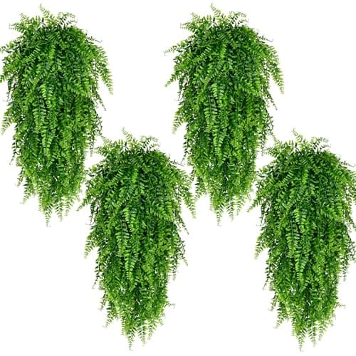 Waipfaru 4Pcs Fake Hanging Plants Artificial Ferns for Outdoors，Fake Ferns UV Resistant Plastic Fake Plants for Indoor Wall Porch Wedding Party Holiday Decor