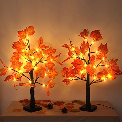 Gorgeoos 2 Pack Fall Lighted Maple Tree 48 LED Lights Thanksgiving Decoration Artificial Tree Lights 20 inch Battery or USB Powered DIY Table Light for Desktop Autumn Harvest Party Indoor Decor