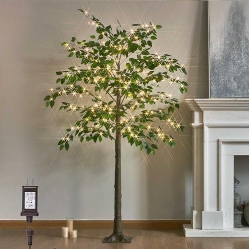LITBLOOM Lighted Ficus Tree 6FT 264 LED Fairy Lights, Artificial Greenery Tree with Lights for Home Fireplace Living Room Decoration Inside
