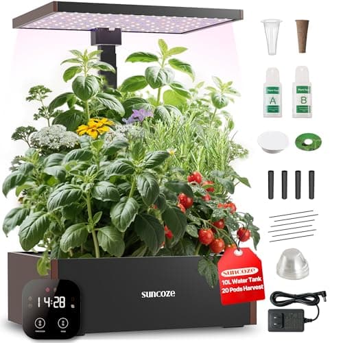 SUNCOZE 20 Pods Hydroponics Growing System Kit, Indoor Herb Garden with 30W LED Grow Light, 10L Large Water Tank, Up to 25" Height, Plants Germination Kit with Quiet Pump, Black