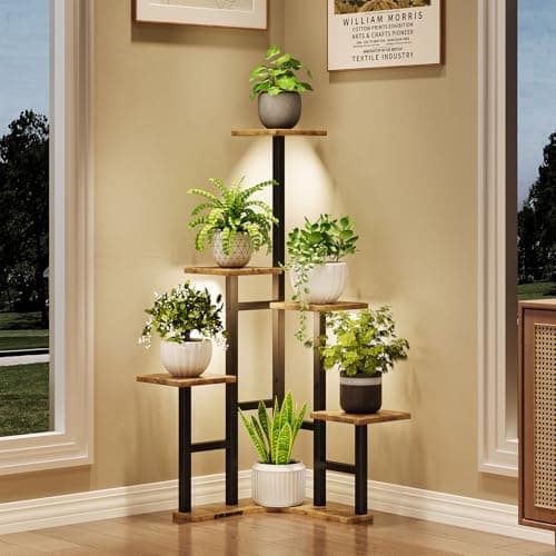 Yzosvki Corner Plant Stand Indoor with Grow Lights, 6 Tiered Corner Plant Shelf Flower Stand for Multiple Plants, Plant Shelves Organizer Rack for Living Room, Balcony, Patio, Square Rustic Brown