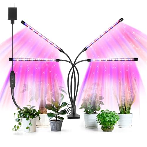 AURAZIGLI Led Grow Lights, 4 Heads Red Blue Plant Light with Clamp for Indoor Plants & Seed Starting, 10-Level Dimmable, Auto On Off, Timing 3 9 12Hrs